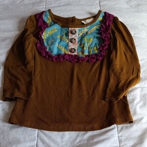 SweetHoney Teal Floral Top with Mustard Trim and Purple Ruffle